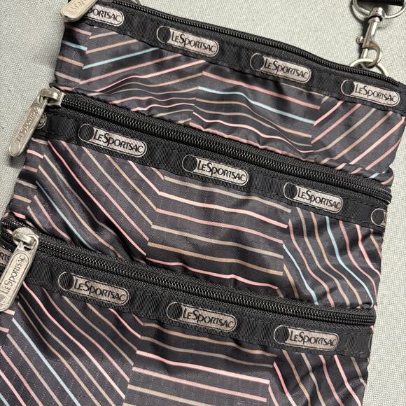 LeSportsac Black Striped Crossbody Travel‎ Bag Multicolor 3 Zipper Adjustable - Picture 6 of 16